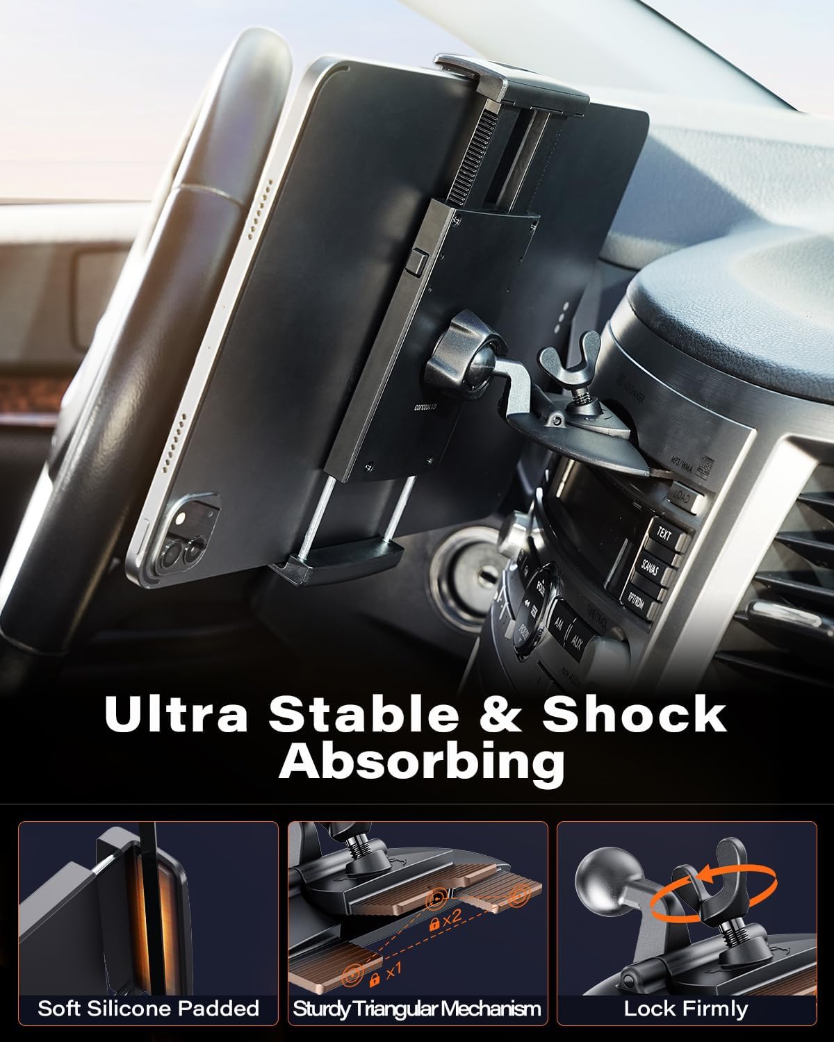 APPS2Car for Sturdy iPad Holder for Car CD Slot Tablet Mount, 2-in-1 Universal 4.7-11 Holder for iPad Pro 11 Air Mini, iPhone, Galaxy Z Fold, Adjustable 360° Rotation, Road Trip Essentials